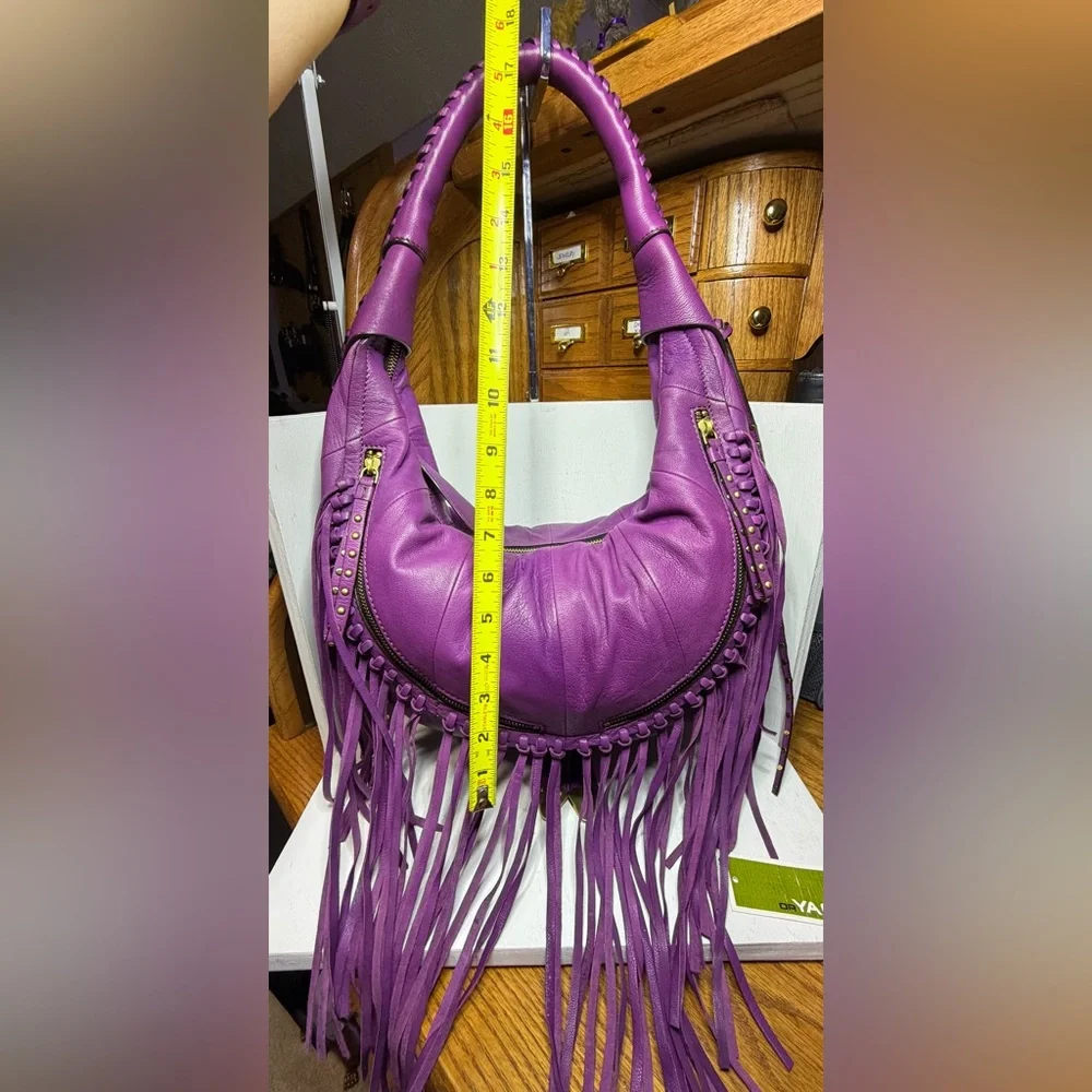 NWT orYANY Angie Lamb Leather Fringe Hobo - Purple - Picture 2 of 7